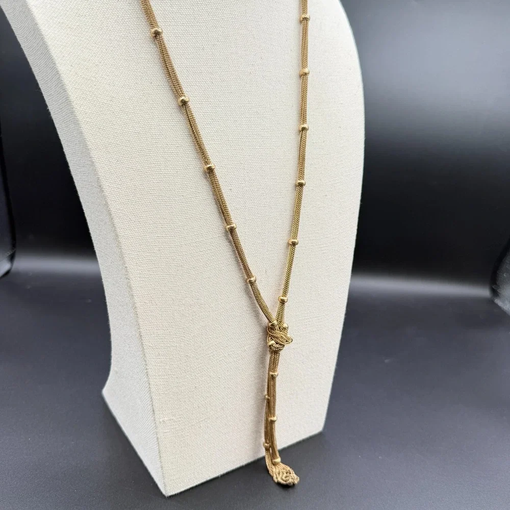 Gold Tone Multi Strand Mesh Chain Lariat Knot Tassel Necklace Statement Boho